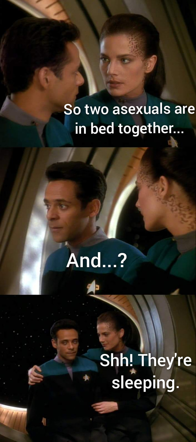 The meme is a screenshot from the TV show Star Trek: The Next Generation, featuring a conversation between two characters, Deanna Troi and Worf. The text overlay reads: "So, two asexuals are in bed together..." and "In bed together..." is crossed out, with the next line reading: "And...?" followed by "They're sleeping".